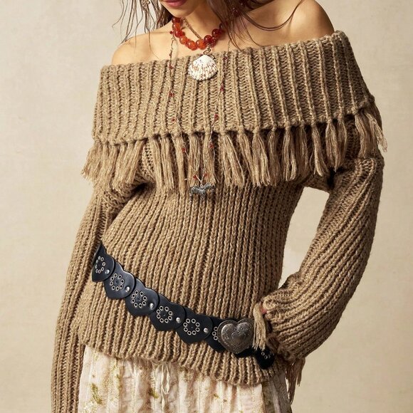 Khaki Casual Women's Off Shoulder Fringe Knit Sweater - Picture 3 of 8